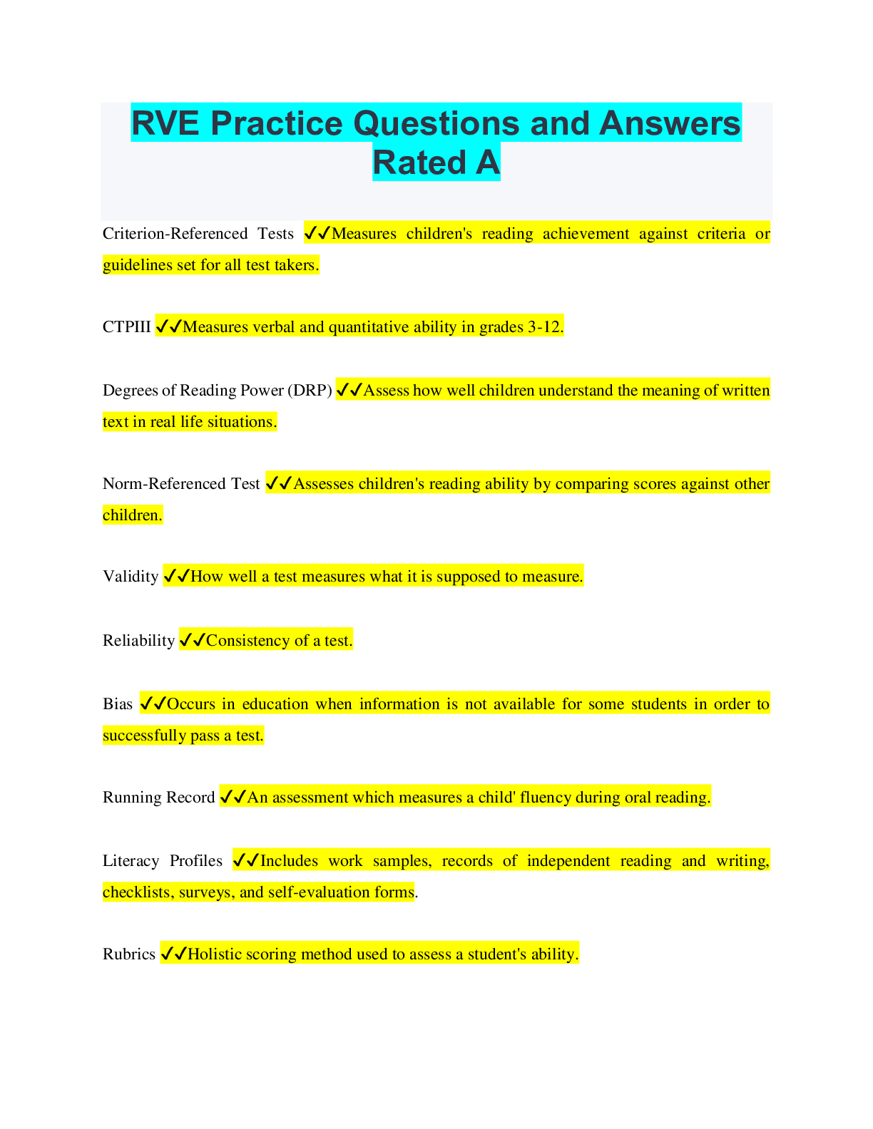 Preview image for RVE Practice Questions and Answers Rated A